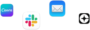 Varios íconos de apps dispersos, como Canva, Slack, Mail, Microsoft PowerPoint y Service M8