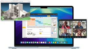 Varias pantallas que muestran lo fácil que es ejecutar varias apps a la vez en una MacBook Air, como páginas web en Safari, videollamadas en Zoom y archivos en SketchUp