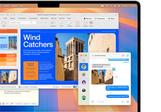 Desde la app Mensajes, se inserta una foto en un informe de Microsoft Word abierto en una MacBook Air de 13 pulgadas para mostrar el diseño intuitivo de la Mac y su similitud con el iPhone