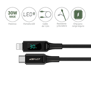 Compra Cable Acefast 6974316281030 Lightning a USB-C Indicador De Carga Negro